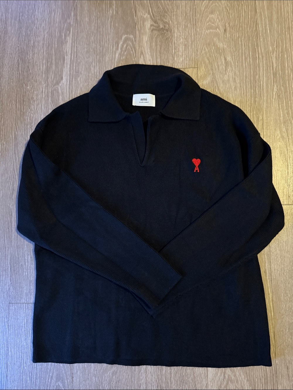 AMI Black Long-Sleeve Polo Sweater with Red Heart Logo